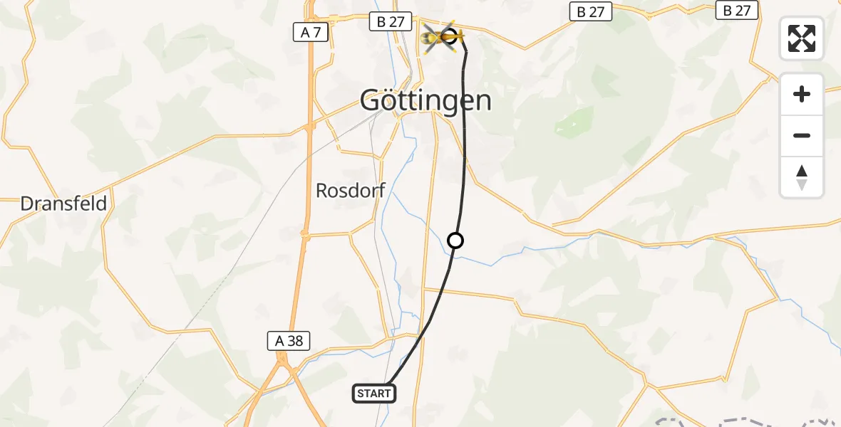 Flugroute Rettungshubschrauber Friedland - Göttingen University Clinic Hubschrauberlandeplatz, 13 September 2026, 09:05