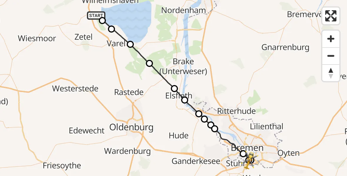 Flugroute Rettungshubschrauber Sande - ADAC Air Rescue Station Bremen Hubschrauberlandeplatz (Christoph 6), 13 September 2026, 09:16