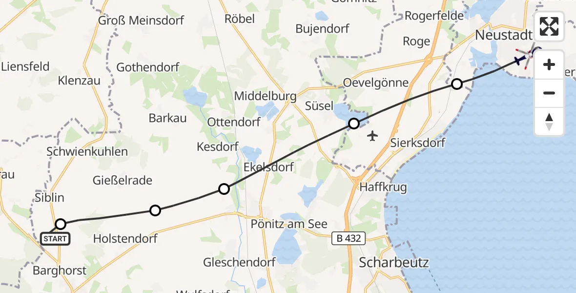 Flugroute Polizeihubschrauber Christoph 12 Luftrettungszentrum - Neustadt in Holstein, 13 September 2026, 09:18