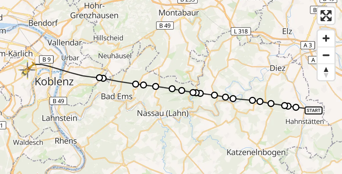 Flugroute Rettungshubschrauber Oberneisen - Koblenz, 13 September 2026, 09:26