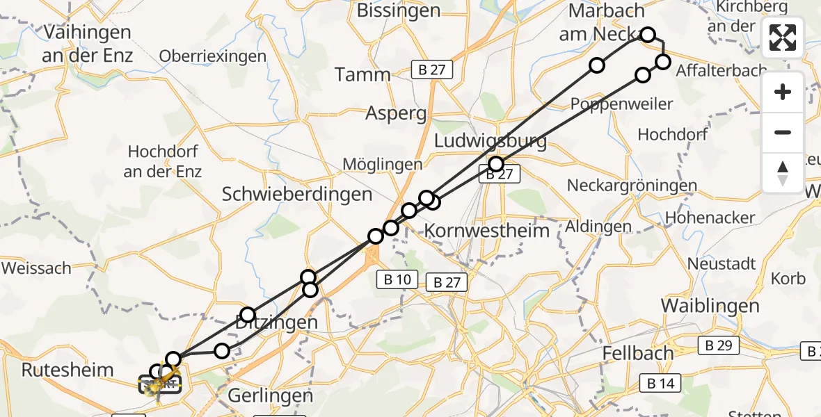 Flugroute Rettungshubschrauber Leonberg Hospital - Leonberg Hospital, 13 September 2026, 09:27