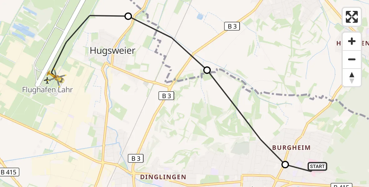 Flugroute Rettungshubschrauber Ortenau Hospital Lahr-Ettenheim - Lahr Flughafen, 13 September 2026, 09:37