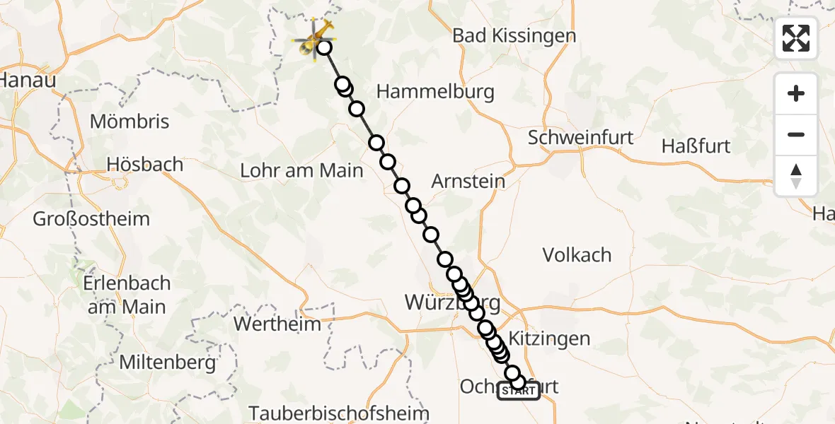 Flugroute Rettungshubschrauber Ochsenfurt Hospital - Mittelsinn, 13 September 2026, 09:44