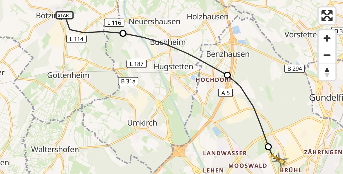 Flugroute Ambulanzhubschrauber Bötzingen - Freiburg im Breisgau Flugplatz, 13 September 2026, 09:45