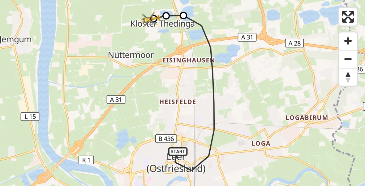 Flugroute Ambulanzhubschrauber Leer (Ostfriesland) - Flugplatz Leer-Papenburg, 13 September 2026, 09:50