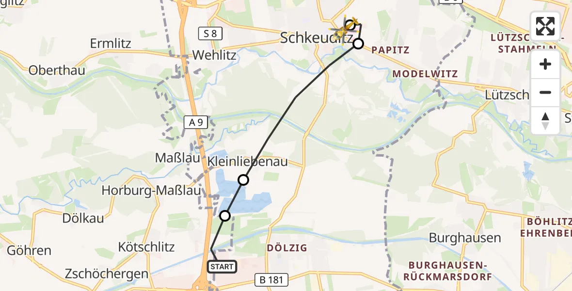 Flugroute Rettungshubschrauber ADAC Air Rescue Station Leipzig/Schkeuditz-Dölzig Hubschrauberlandeplatz (Christoph 61) - Helios Clinic Schkeuditz, 13 September 2026, 09:51