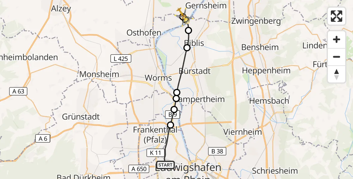 Flugroute Rettungshubschrauber Ludwigshafen am Rhein - Hamm am Rhein, 13 September 2026, 09:51