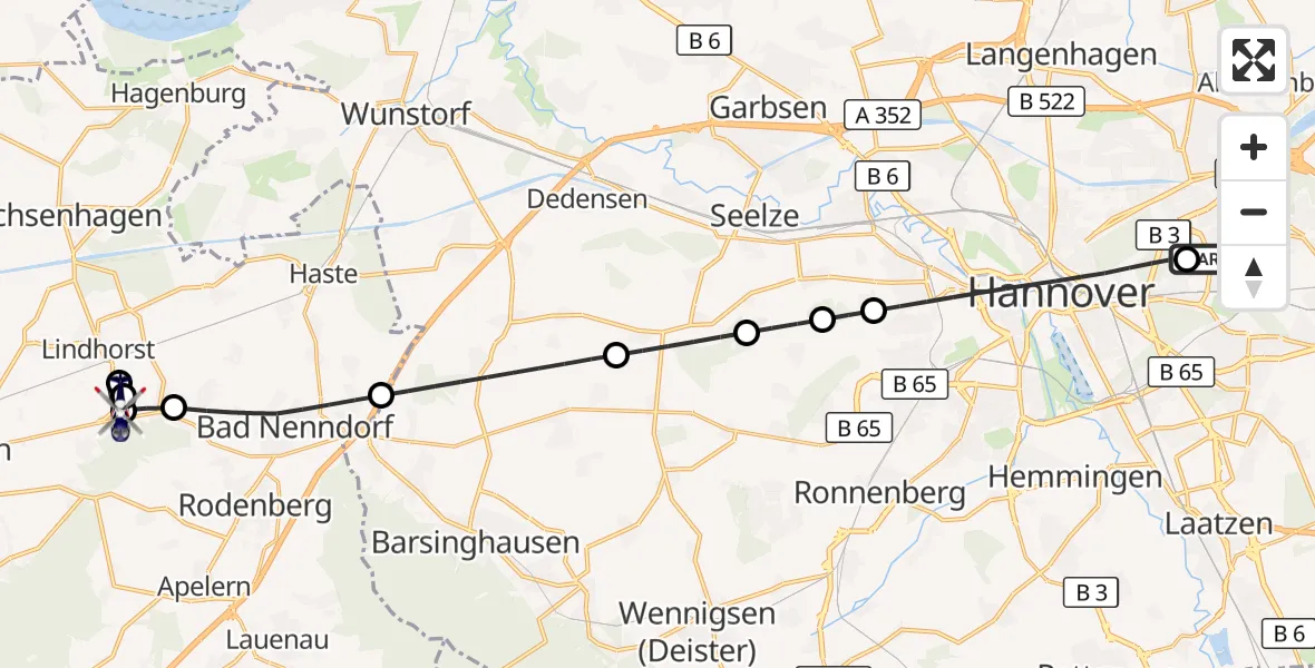Flugroute Polizeihubschrauber Hannover Luftrettung Hubschrauberlandeplatz (Christoph 4) - Heuerßen, 13 September 2026, 10:03