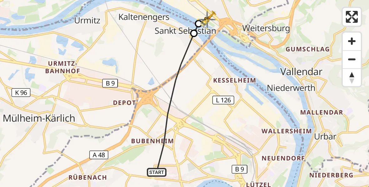 Flugroute Rettungshubschrauber Koblenz - Bendorf, 13 September 2026, 10:04