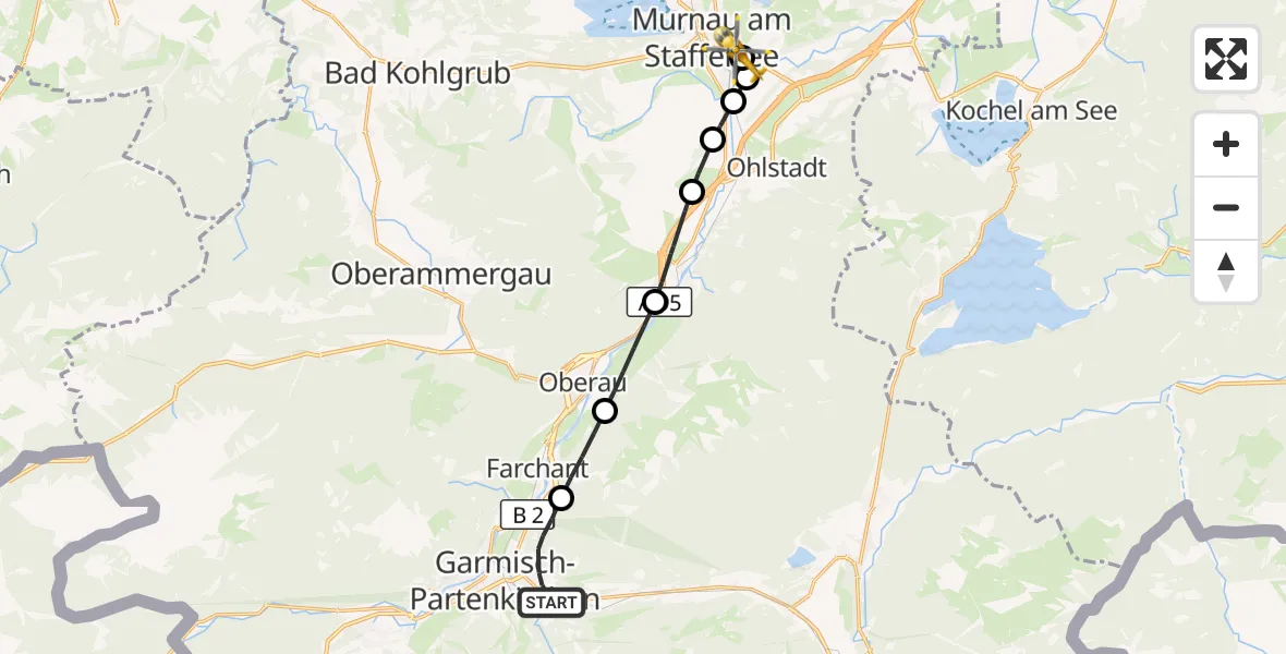 Flugroute Rettungshubschrauber Garmisch-Partenkirchen - Murnau Accident Hospital, 13 September 2026, 10:11