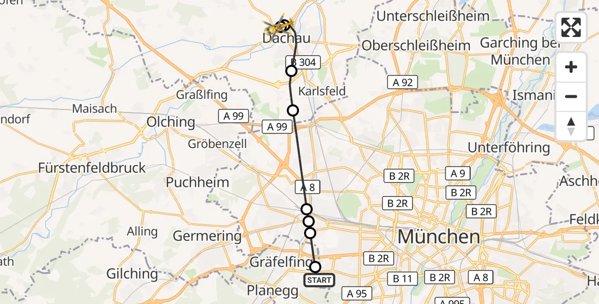 Flugroute Rettungshubschrauber DRF Air Rescue München Hubschrauberlandeplatz - Helios Clinic Dachau, 13 September 2026, 10:13