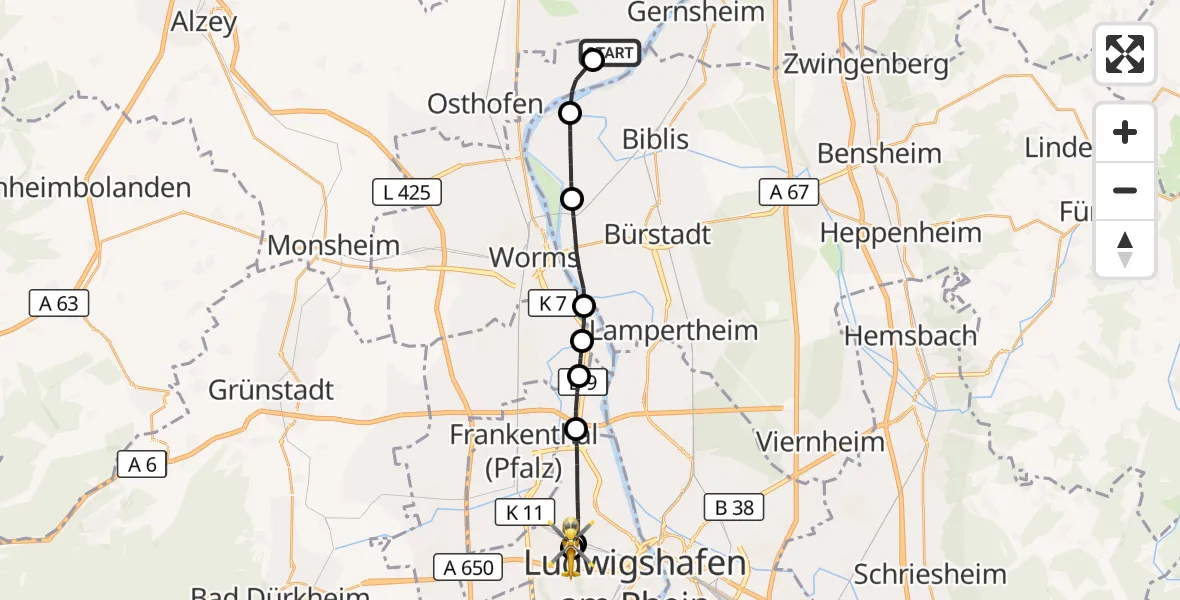 Flugroute Rettungshubschrauber Hamm am Rhein - Ludwigshafen Accident Hospital, 13 September 2026, 10:26