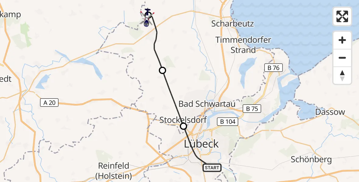 Flugroute Polizeihubschrauber Lübeck - Christoph 12 Luftrettungszentrum, 13 September 2026, 10:28