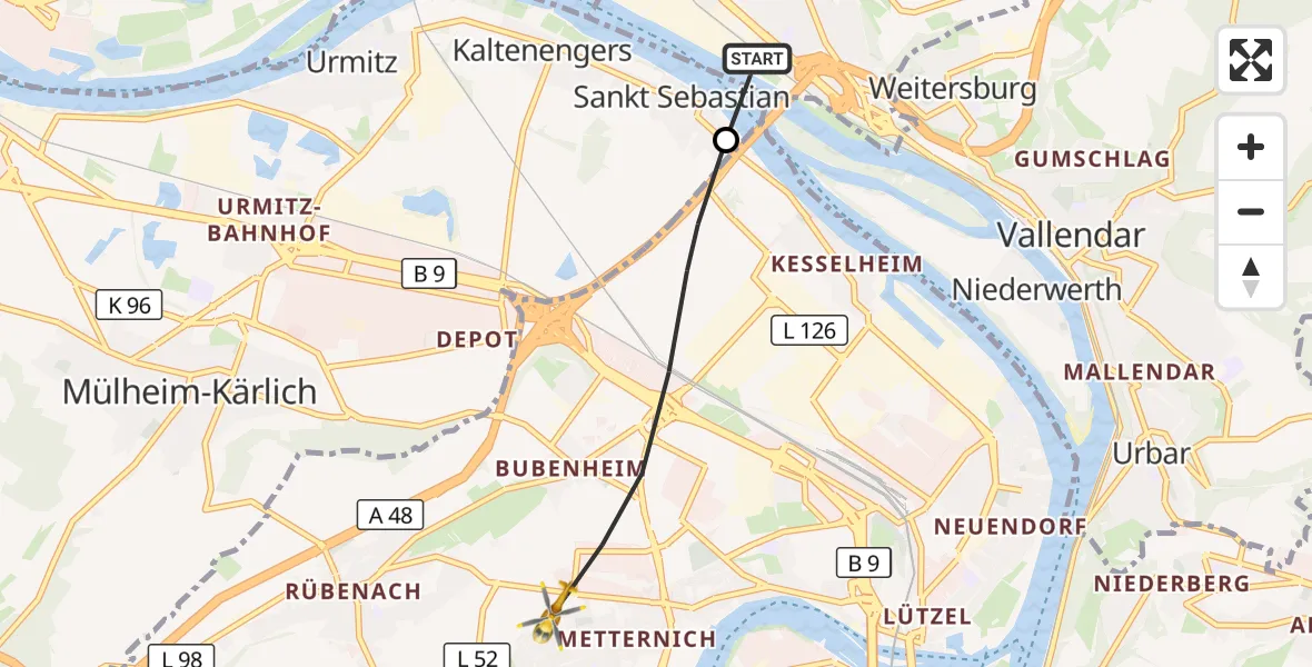 Flugroute Rettungshubschrauber Bendorf - Koblenz, 13 September 2026, 10:28
