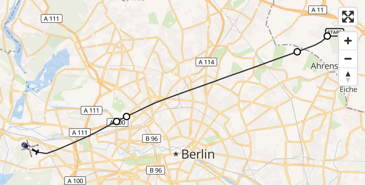 Flugroute Polizeihubschrauber Ahrensfelde Hubschrauberlandeplatz - Berlin, 13 September 2026, 10:29