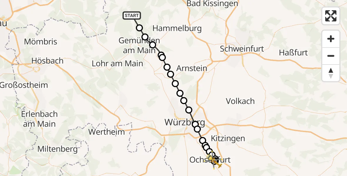 Flugroute Rettungshubschrauber Burgsinn - Ochsenfurt Hospital, 13 September 2026, 10:35