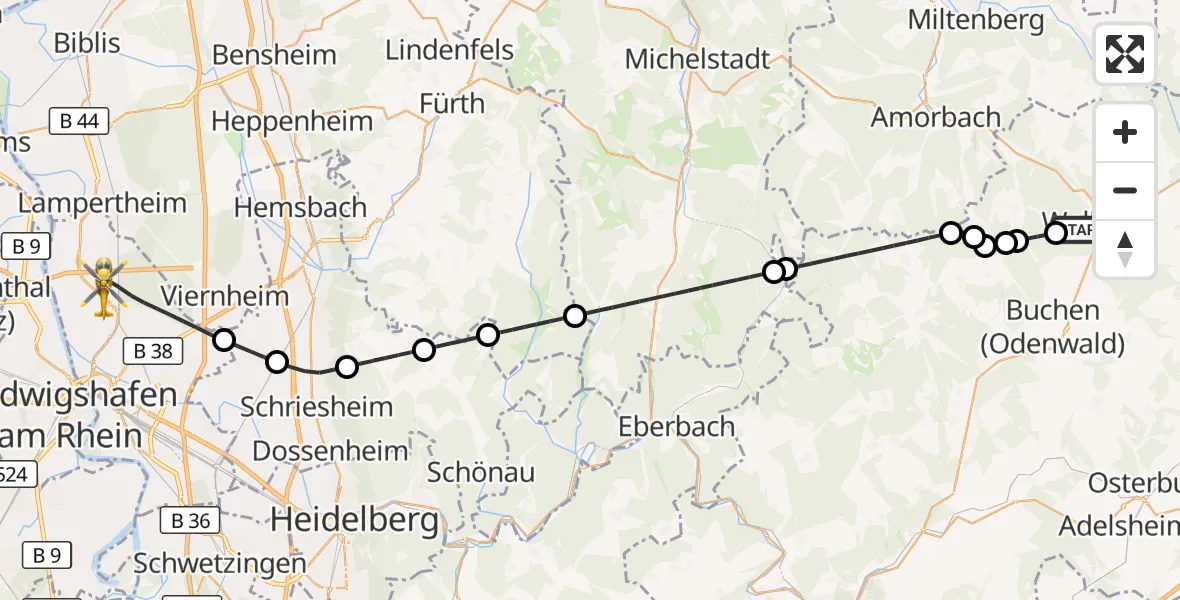 Flugroute Rettungshubschrauber Walldürn - Mannheim, 13 September 2026, 10:38