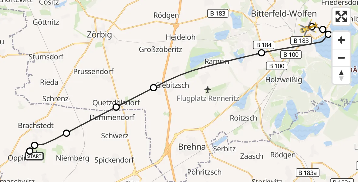 Flugroute Rettungshubschrauber Halle-Oppin Flugplatz - Bitterfield-Wolfen Health Center Hubschrauberlandeplatz, 13 September 2026, 10:41