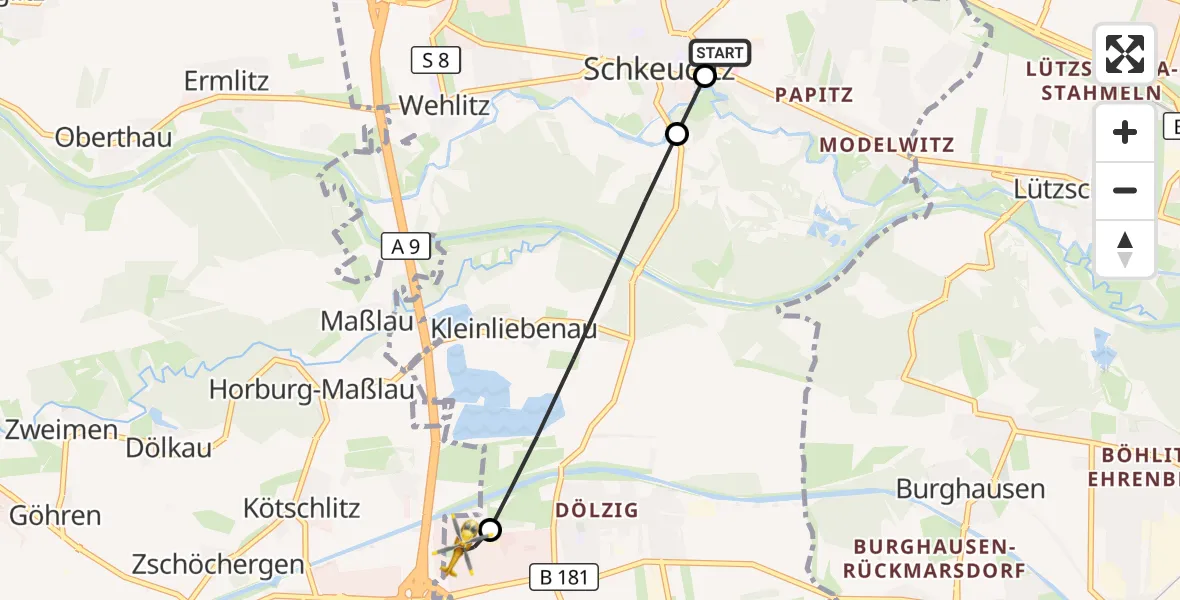 Flugroute Rettungshubschrauber Helios Clinic Schkeuditz - ADAC Air Rescue Station Leipzig/Schkeuditz-Dölzig Hubschrauberlandeplatz (Christoph 61), 13 September 2026, 10:43