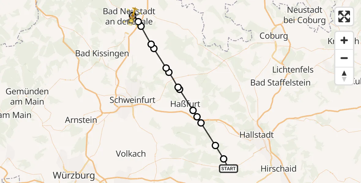 Flugroute Rettungshubschrauber Burgebrach - Bad Neustadt an der Saale Hospital, 13 September 2026, 10:49