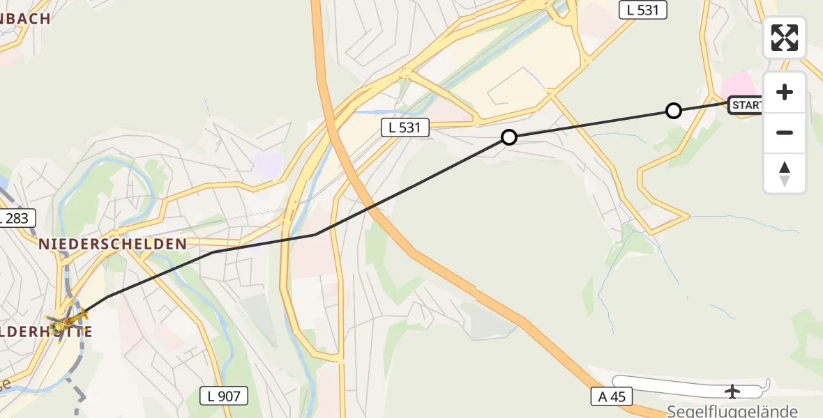 Flugroute Rettungshubschrauber Evangelisches Jung-Stilling Hospital - Mudersbach, 13 September 2026, 10:56
