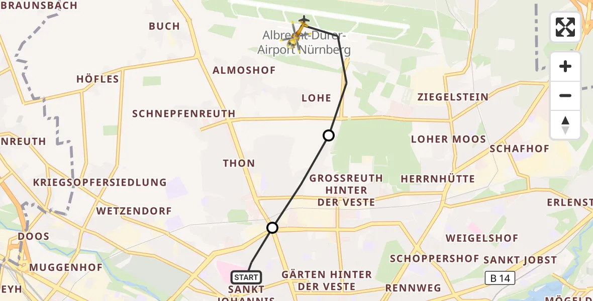 Flugroute Ambulanzhubschrauber Nürnberg North Hospital - Flughafen Nuremberg, 13 September 2026, 10:58
