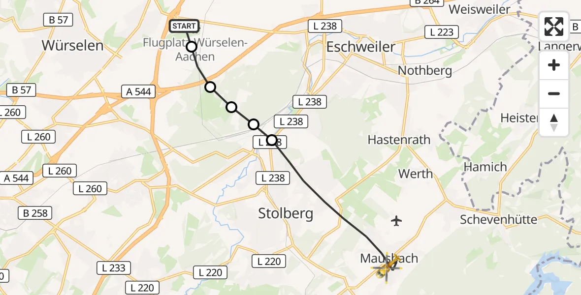 Flugroute Rettungshubschrauber Aachen-Merzbrück Flughafen - Stolberg (Rhld.), 13 September 2026, 10:59