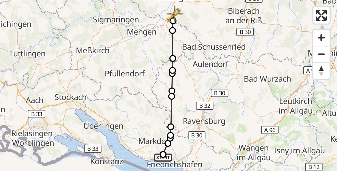 Flugroute Rettungshubschrauber Friedrichshafen Hospital - Ertingen, 13 September 2026, 11:10