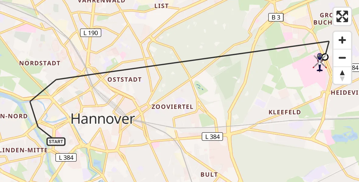 Flugroute Polizeihubschrauber Hannover - Hannover Luftrettung Hubschrauberlandeplatz (Christoph 4), 13 September 2026, 11:16
