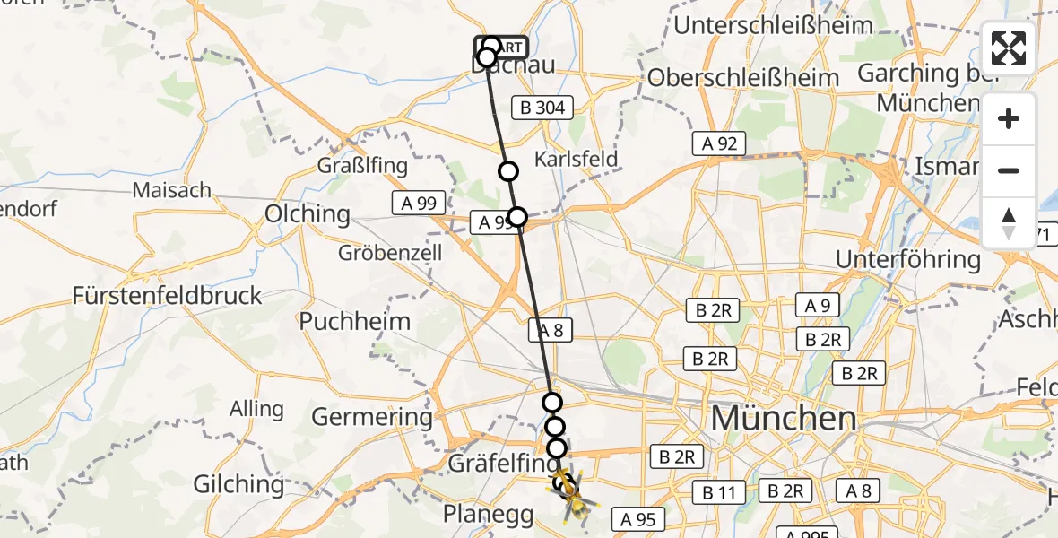Flugroute Rettungshubschrauber Helios Clinic Dachau - DRF Air Rescue München Hubschrauberlandeplatz, 13 September 2026, 11:20
