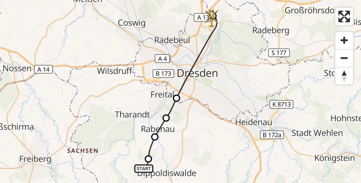 Flugroute Rettungshubschrauber Klingenberg - Dresden Bundespolizei Hubschrauberlandeplatz, 13 September 2026, 11:23