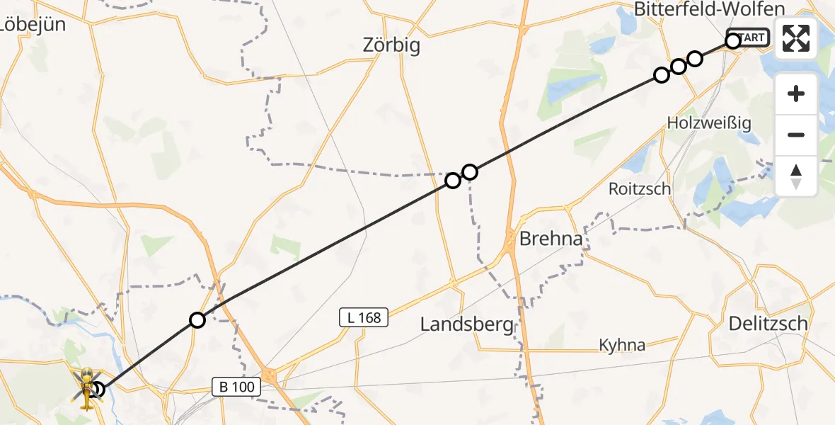 Flugroute Rettungshubschrauber Bitterfield-Wolfen Health Center Hubschrauberlandeplatz - Halle (Saale) University Hospital, 13 September 2026, 11:26