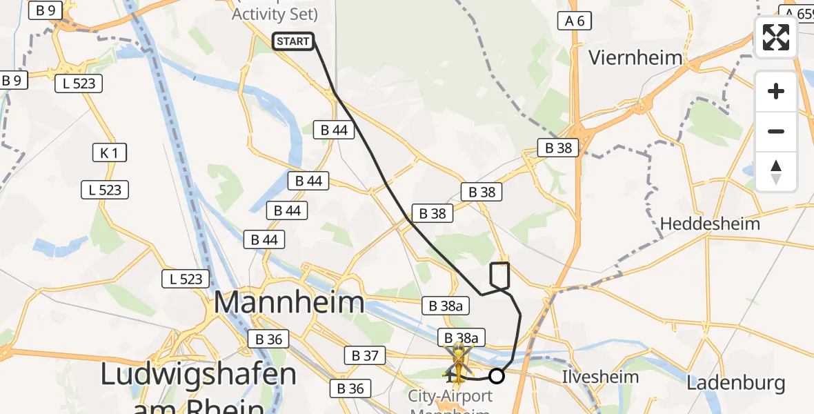 Flugroute Rettungshubschrauber Mannheim - Mannheim-City Flughafen, 13 September 2026, 11:33