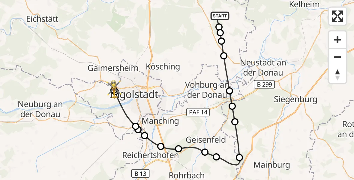 Flugroute Rettungshubschrauber Altmannstein - Ingolstadt Hospital, 13 September 2026, 11:37