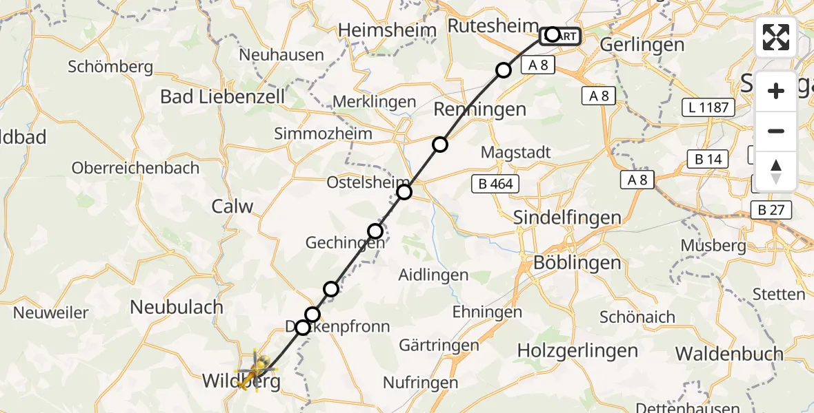 Flugroute Rettungshubschrauber Leonberg Hospital - Wildberg, 13 September 2026, 11:44