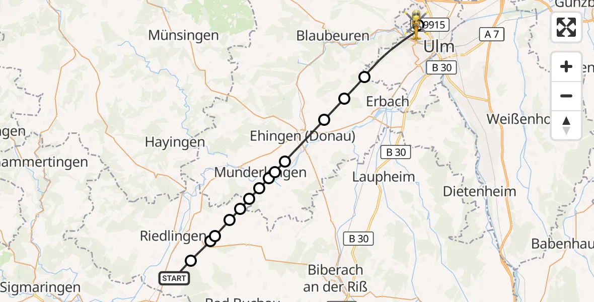 Flugroute Rettungshubschrauber Ertingen - Ulm Military Hospital Emergency, 13 September 2026, 11:52