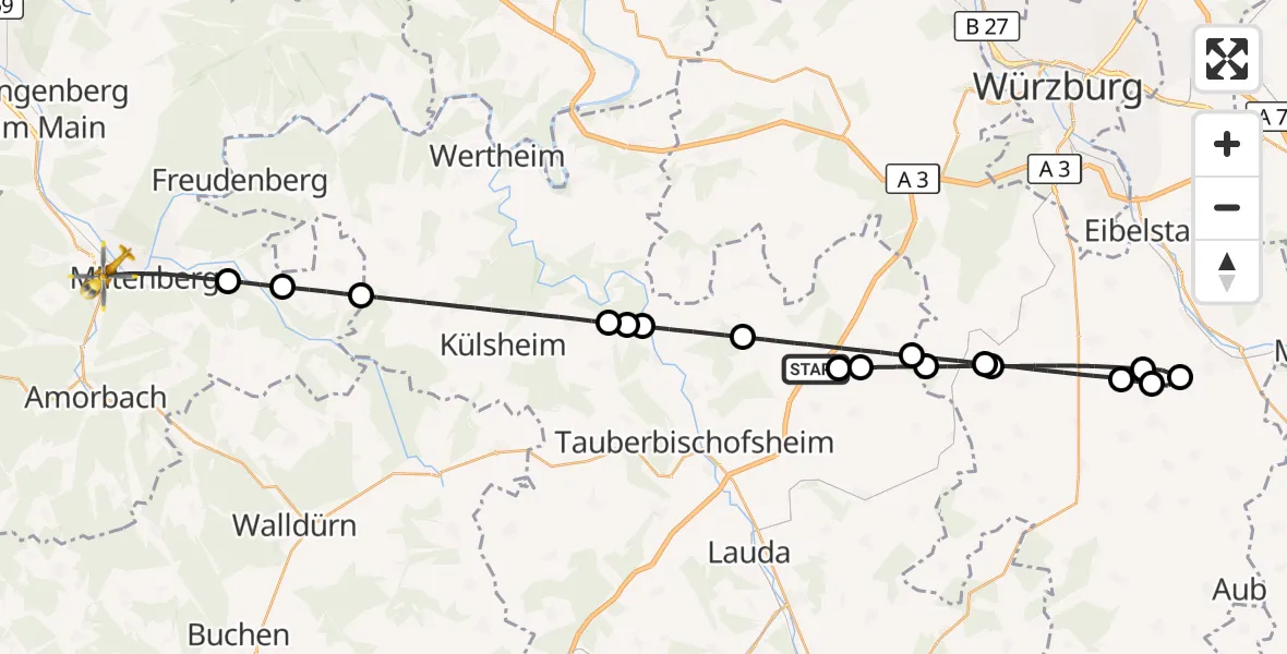 Flugroute Rettungshubschrauber Großrinderfeld - Miltenberg, 13 September 2026, 12:02