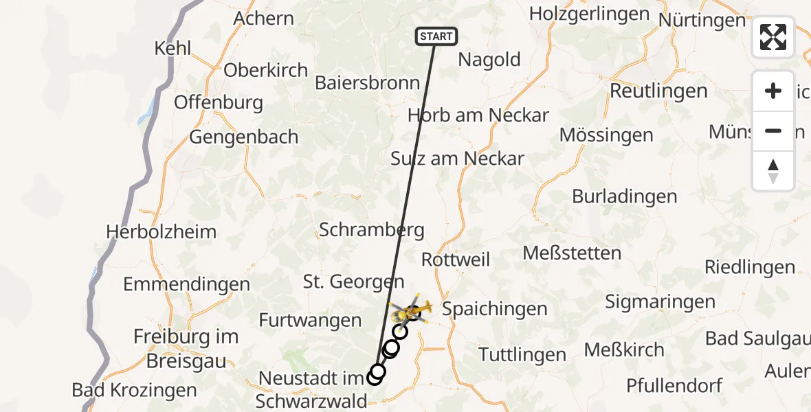 Flugroute Ambulanzhubschrauber Altensteig - DRF Air Rescue Station Villingen-Schwenningen Hubschrauberlandeplatz (Christoph 11), 13 September 2026, 12:14