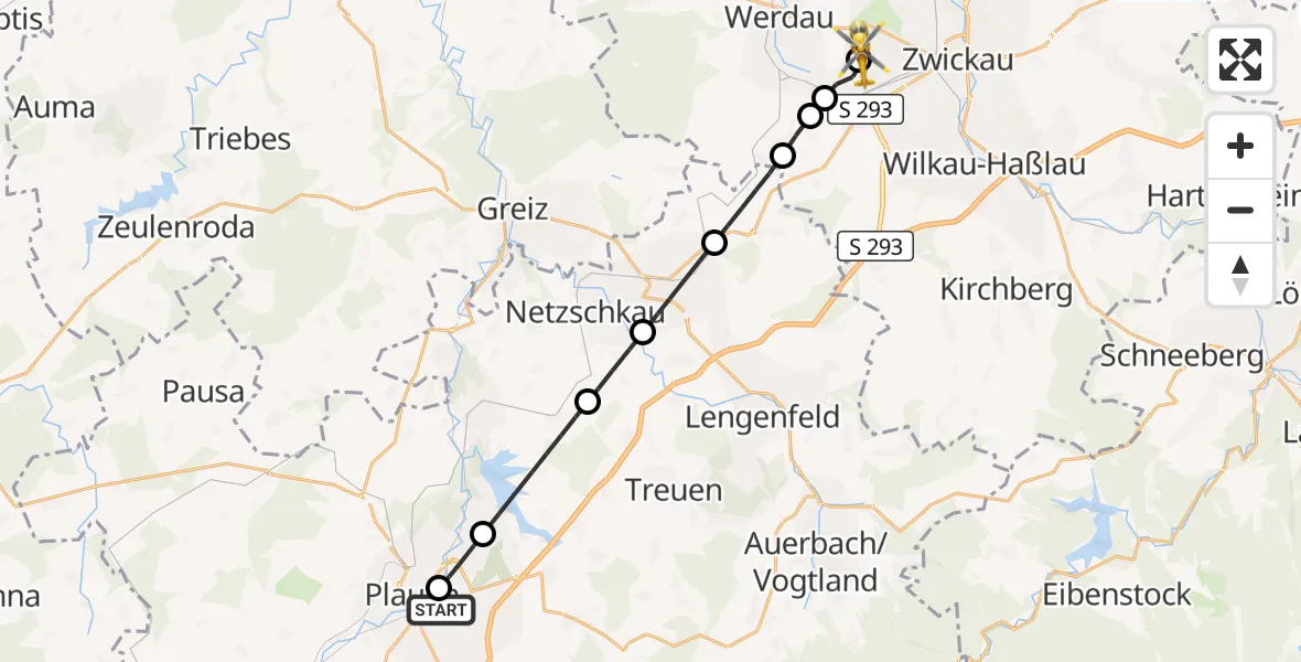 Flugroute Rettungshubschrauber Helios Clinic Plauen - ADAC Air Rescue Station Zwickau Hubschrauberlandeplatz, 13 September 2026, 12:17