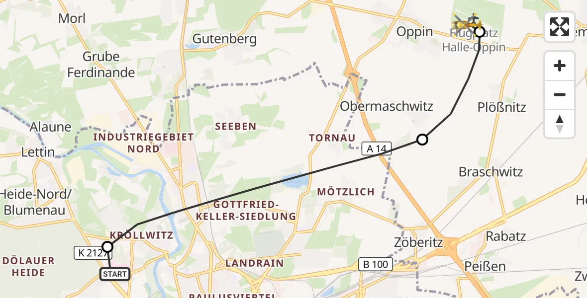 Flugroute Rettungshubschrauber Halle (Saale) University Hospital - Halle-Oppin Flugplatz, 13 September 2026, 12:18
