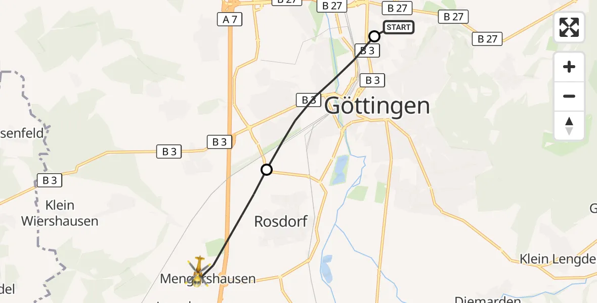 Flugroute Rettungshubschrauber Göttingen University Clinic Hubschrauberlandeplatz - Rosdorf, 13 September 2026, 12:29