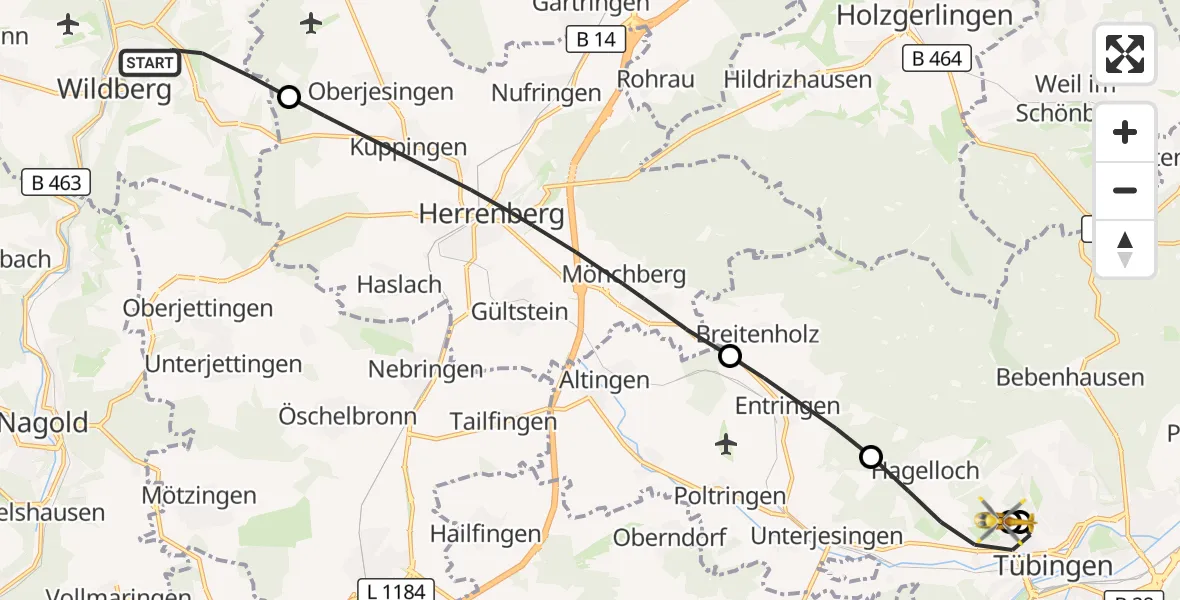 Flugroute Rettungshubschrauber Wildberg - Tübingen University Hospital, 13 September 2026, 12:40