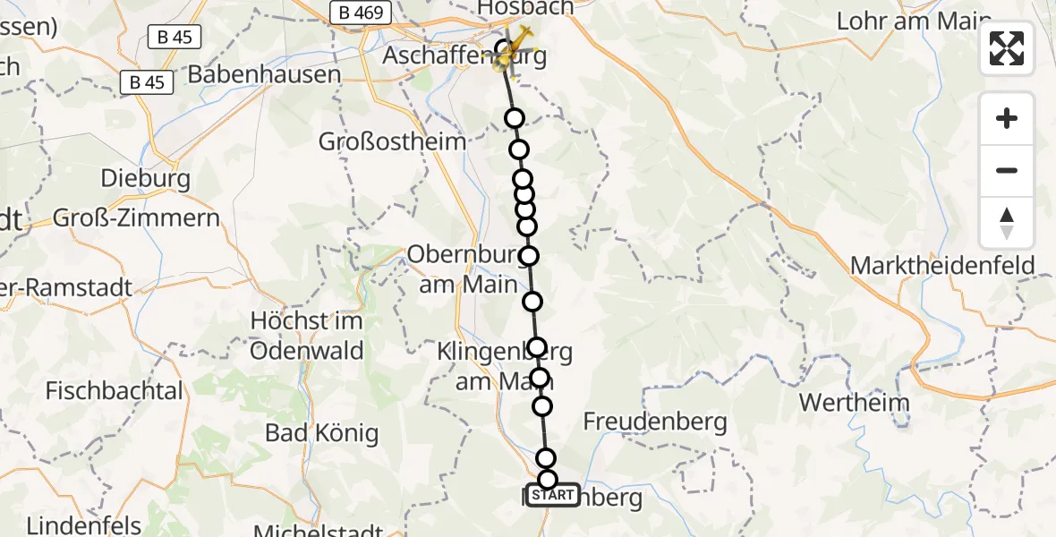 Flugroute Rettungshubschrauber Miltenberg - Aschaffenburg Hospital, 13 September 2026, 12:50