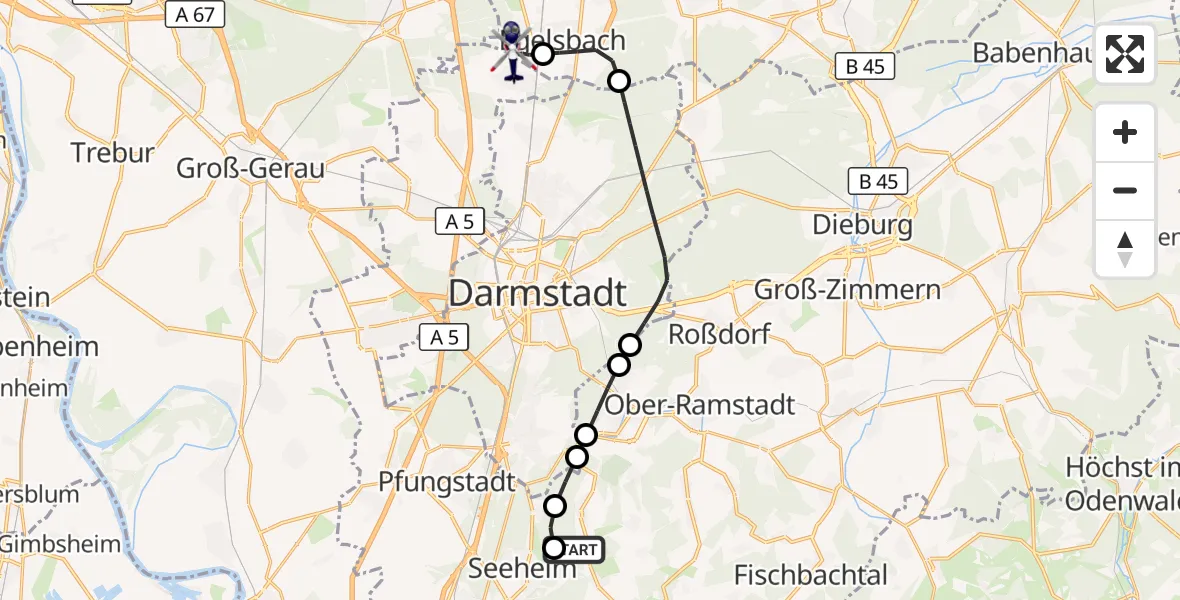 Flugroute Polizeihubschrauber Mühltal - Flughafen Frankfurt-Egelsbach, 13 September 2026, 13:01