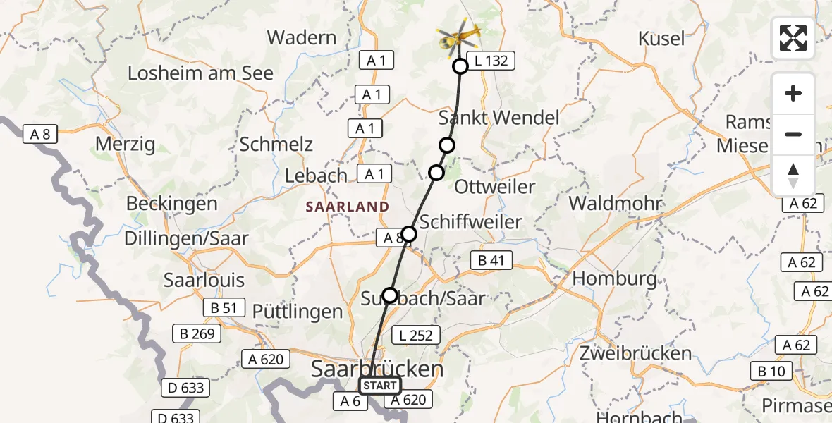 Flugroute Rettungshubschrauber Saarbrücken - Oberthal, 13 September 2026, 13:11