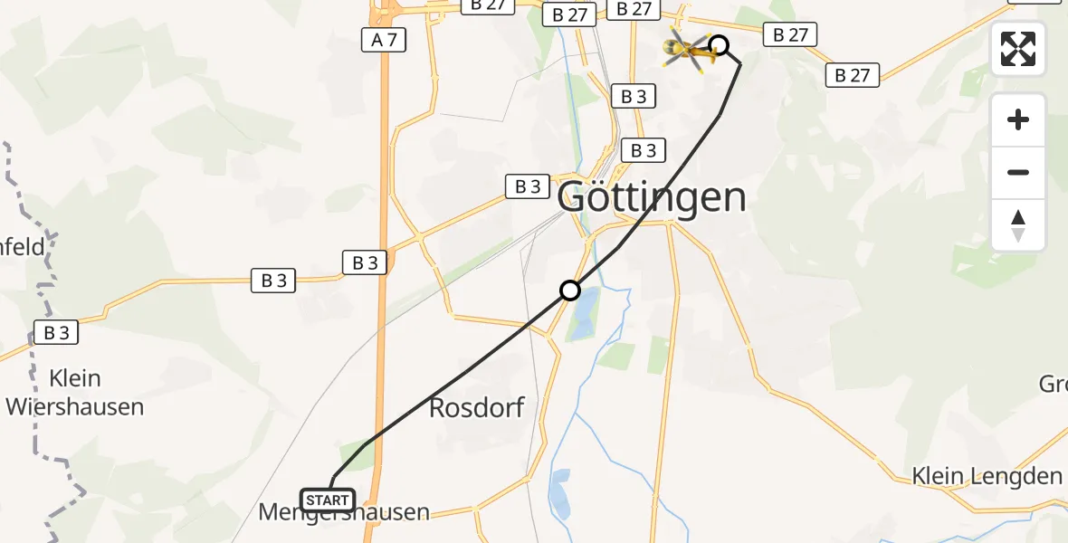 Flugroute Rettungshubschrauber Rosdorf - Göttingen University Clinic Hubschrauberlandeplatz, 13 September 2026, 13:14