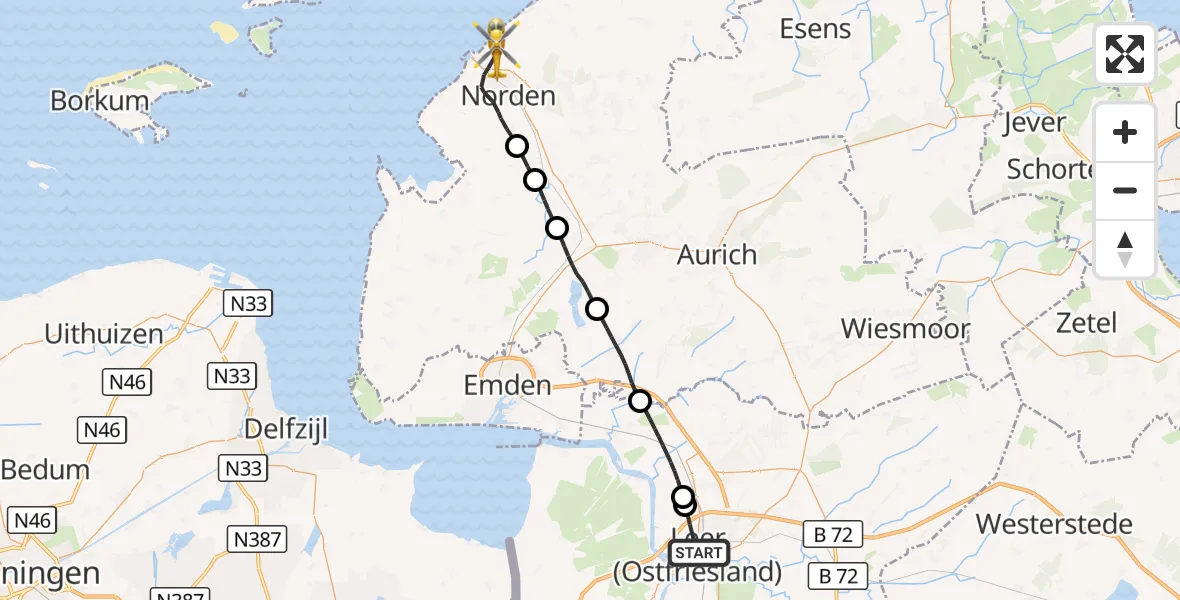 Flugroute Ambulanzhubschrauber Leer (Ostfriesland) - Norden-Norddeich Flughafen, 13 September 2026, 13:20