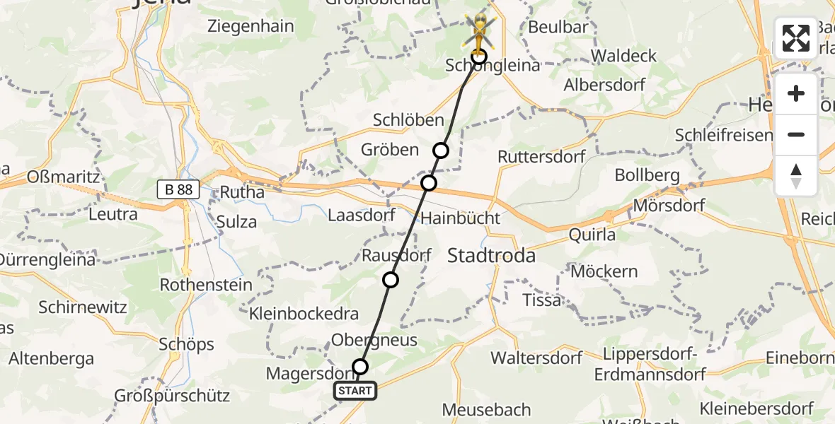 Flugroute Rettungshubschrauber Unterbodnitz - Schöngleina, 13 September 2026, 13:28