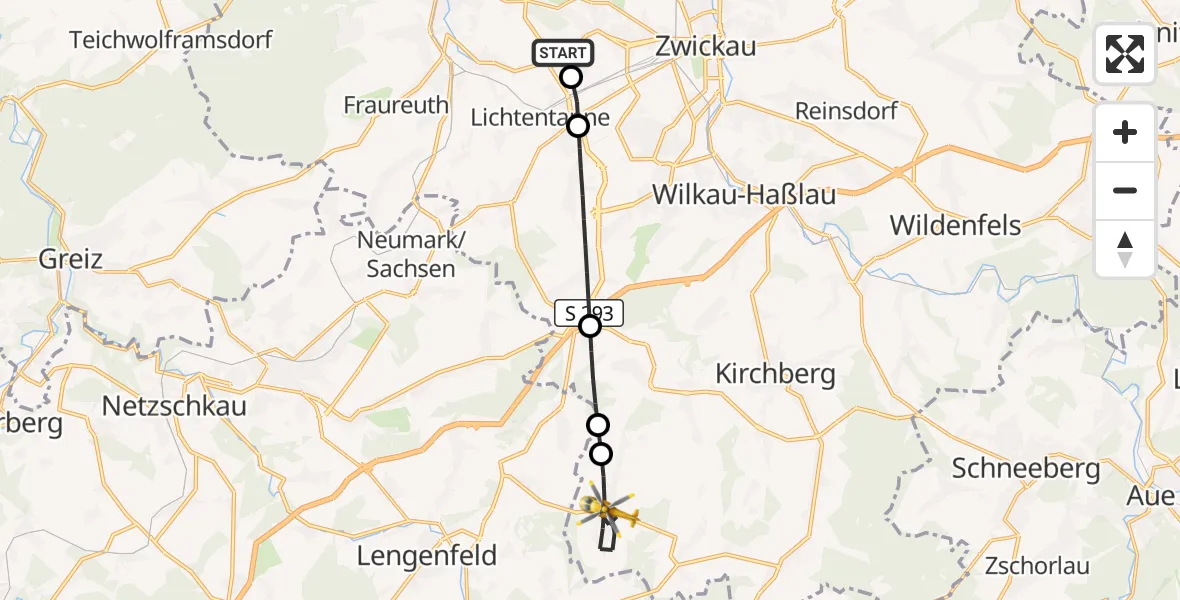 Flugroute Rettungshubschrauber ADAC Air Rescue Station Zwickau Hubschrauberlandeplatz - Kirchberg, 13 September 2026, 13:30
