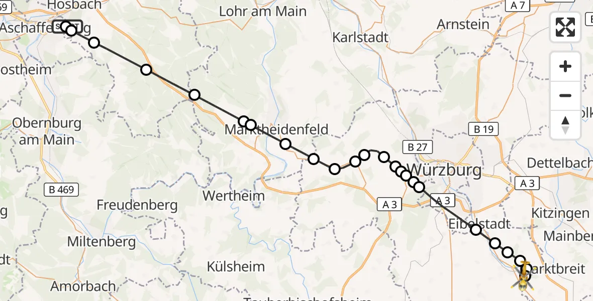 Flugroute Rettungshubschrauber Aschaffenburg Hospital - Ochsenfurt Hospital, 13 September 2026, 13:38